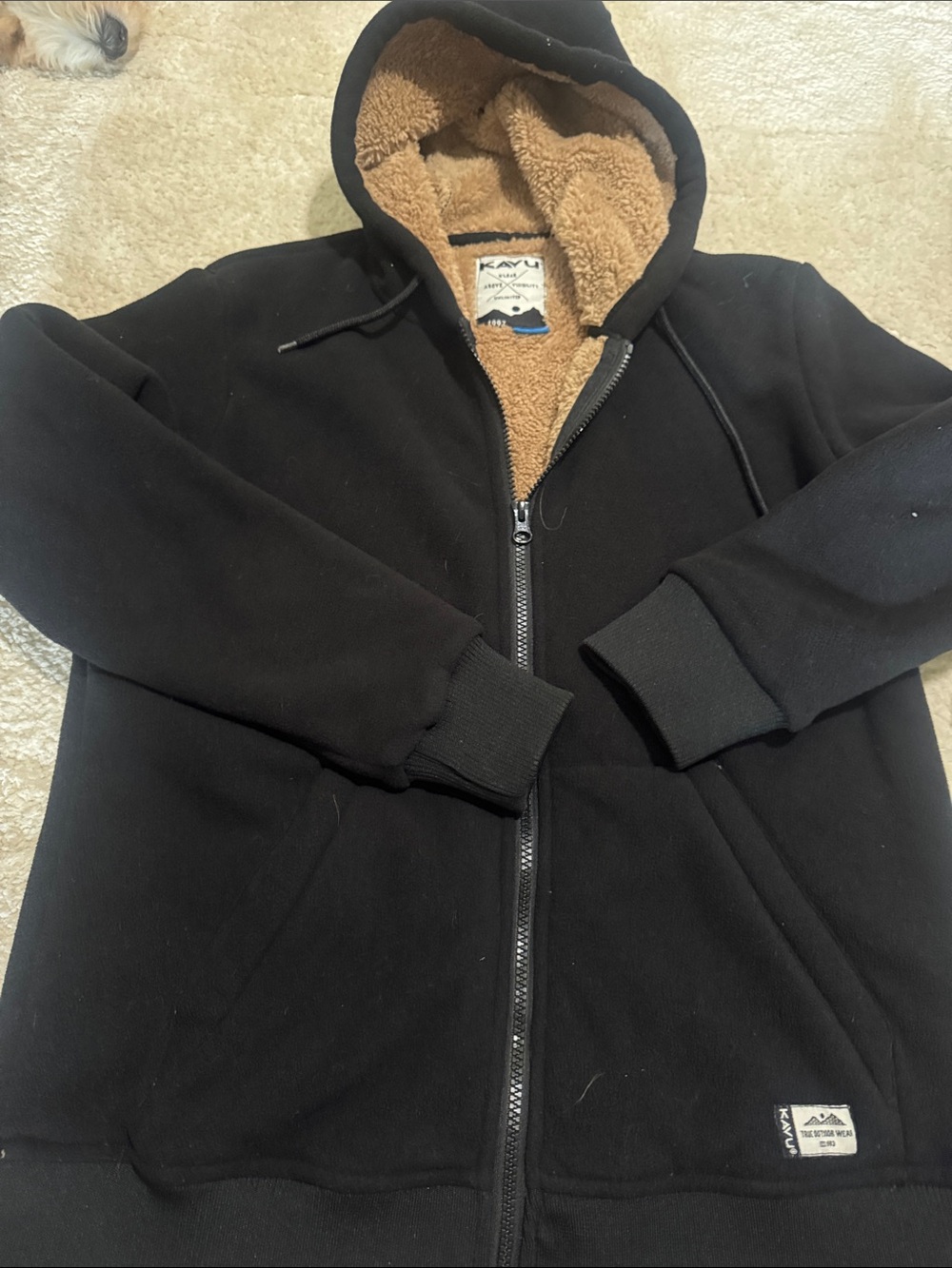 Kavu women’s Black Zip Hoodie with Tan Sherpa Lining